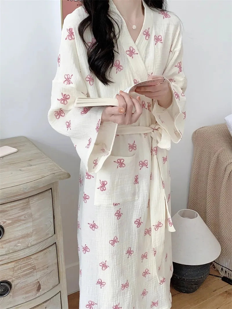 New Spring Autumn Women Simple Comfortable Bathrobe Pajamas Women's Pink Bow Printing Casual Loose Home Dress Bathrobe Homewear