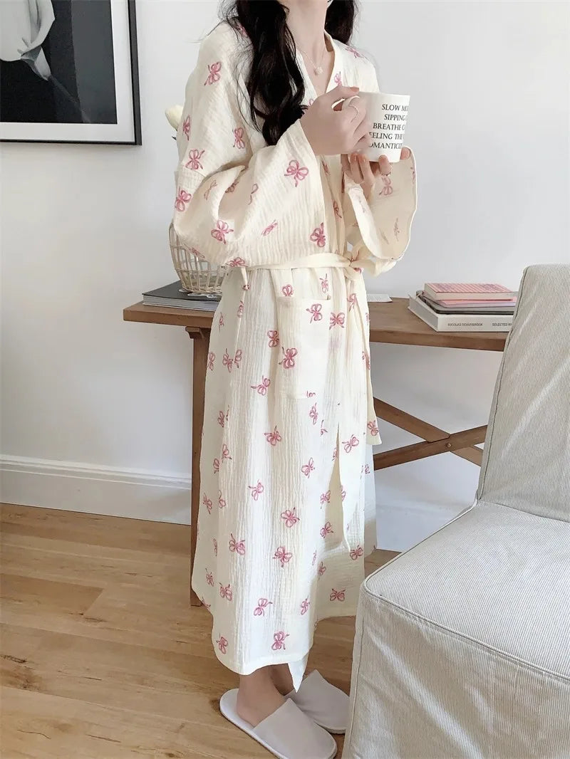 New Spring Autumn Women Simple Comfortable Bathrobe Pajamas Women's Pink Bow Printing Casual Loose Home Dress Bathrobe Homewear