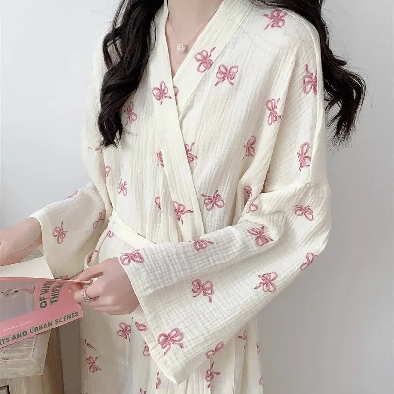 New Spring Autumn Women Simple Comfortable Bathrobe Pajamas Women's Pink Bow Printing Casual Loose Home Dress Bathrobe Homewear