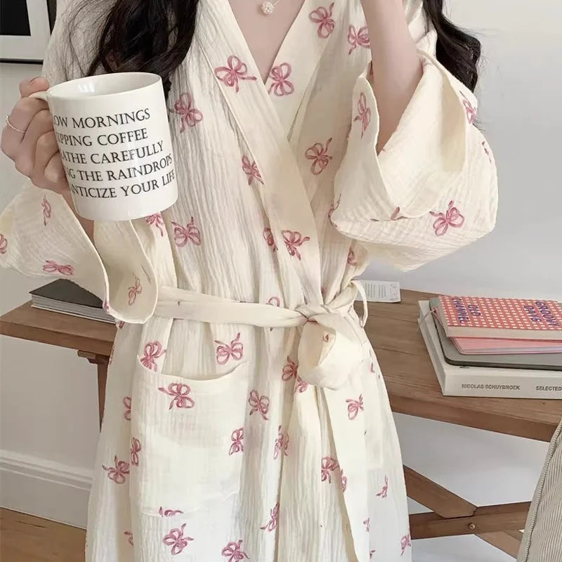 New Spring Autumn Women Simple Comfortable Bathrobe Pajamas Women's Pink Bow Printing Casual Loose Home Dress Bathrobe Homewear