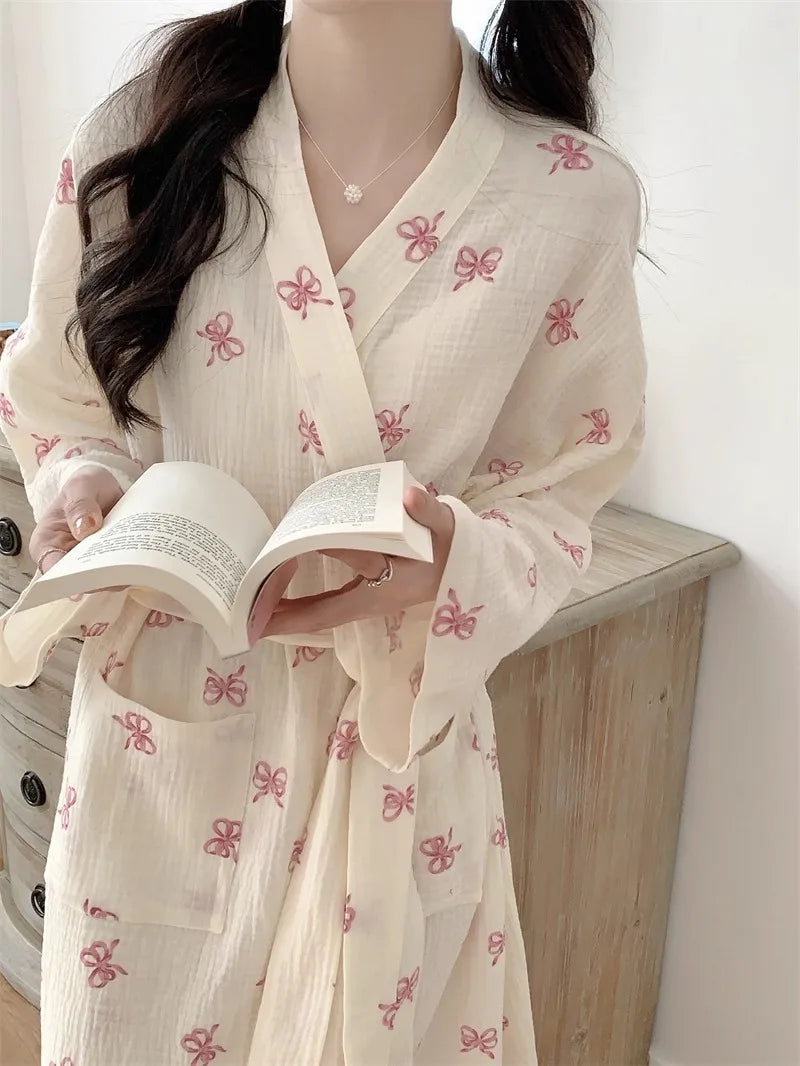 New Spring Autumn Women Simple Comfortable Bathrobe Pajamas Women's Pink Bow Printing Casual Loose Home Dress Bathrobe Homewear