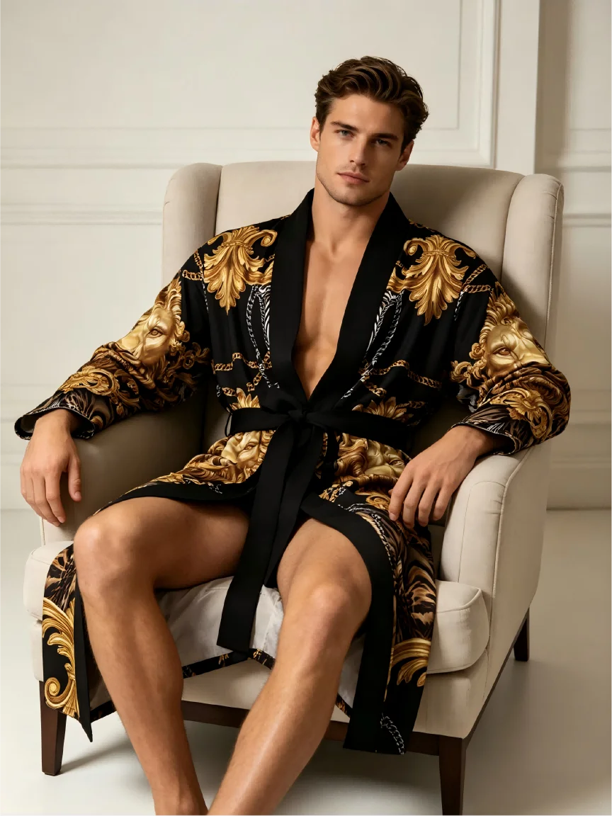 Men's Luxurious Baroque Lion Head Print Kimono Bathrobe Gold Leopard Print Long Sleeve Lounge Clothes Casual Nightgown