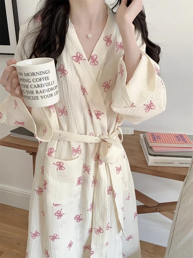 New Spring Autumn Women Simple Comfortable Bathrobe Pajamas Women's Pink Bow Printing Casual Loose Home Dress Bathrobe Homewear