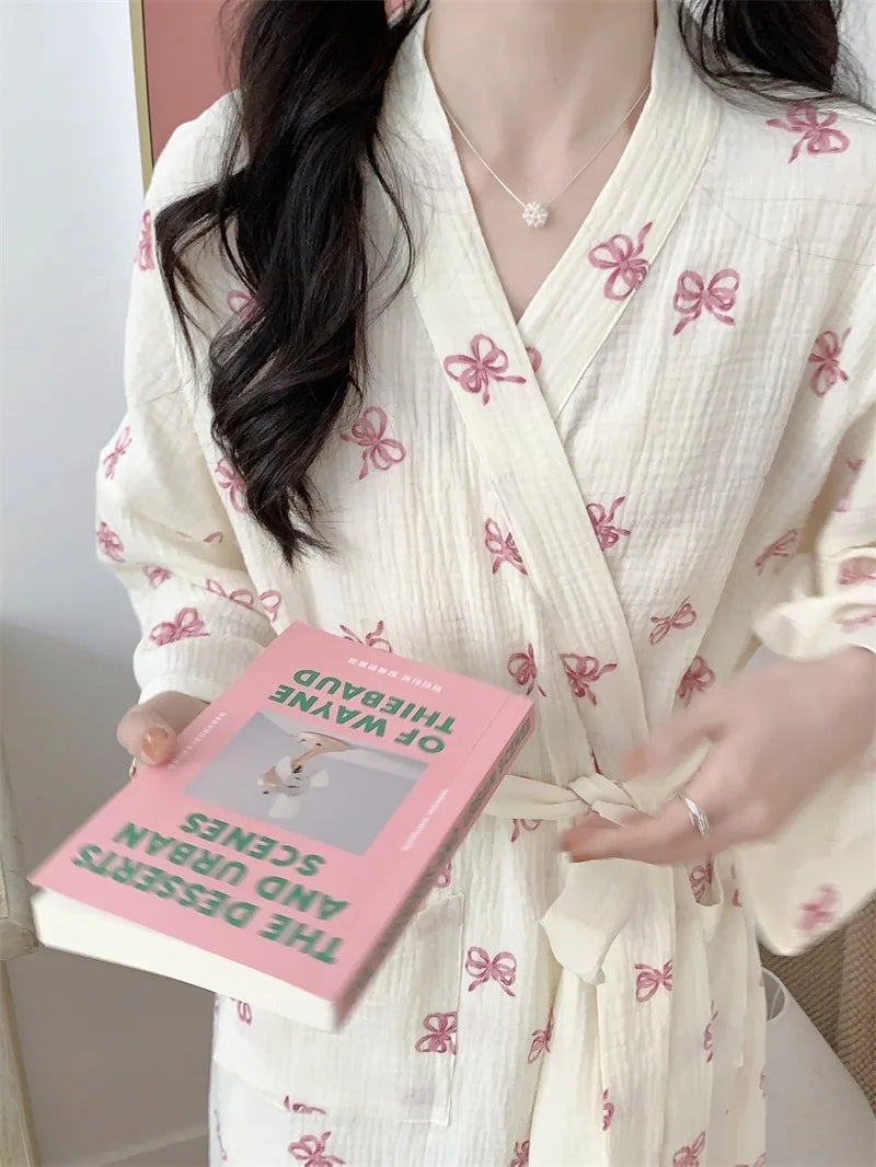 New Spring Autumn Women Simple Comfortable Bathrobe Pajamas Women's Pink Bow Printing Casual Loose Home Dress Bathrobe Homewear