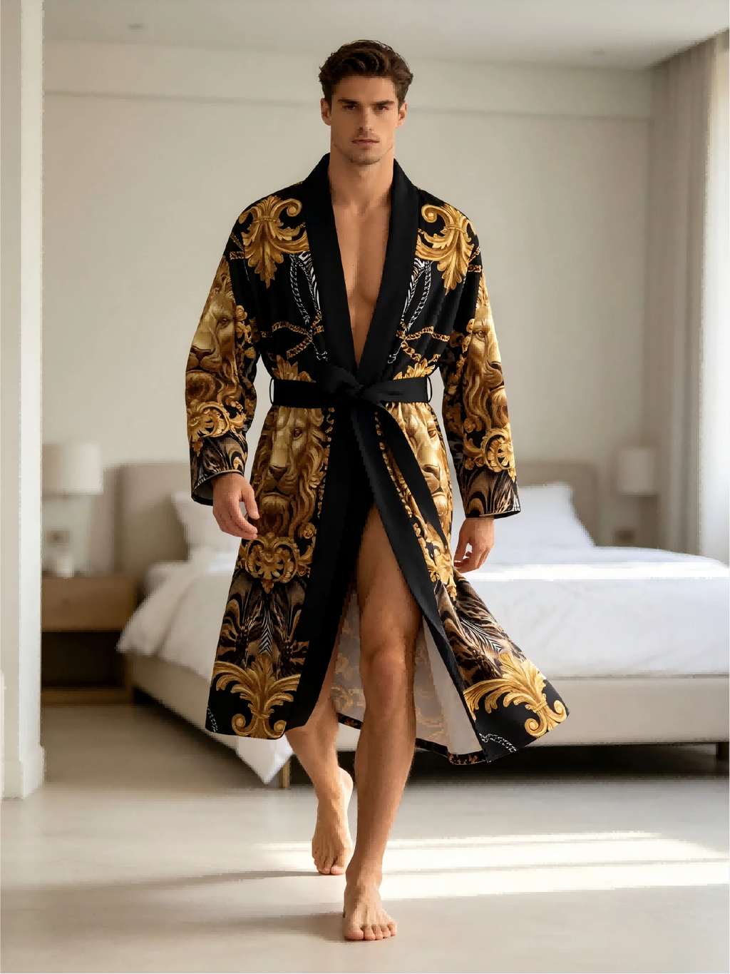 Men's Luxurious Baroque Lion Head Print Kimono Bathrobe Gold Leopard Print Long Sleeve Lounge Clothes Casual Nightgown