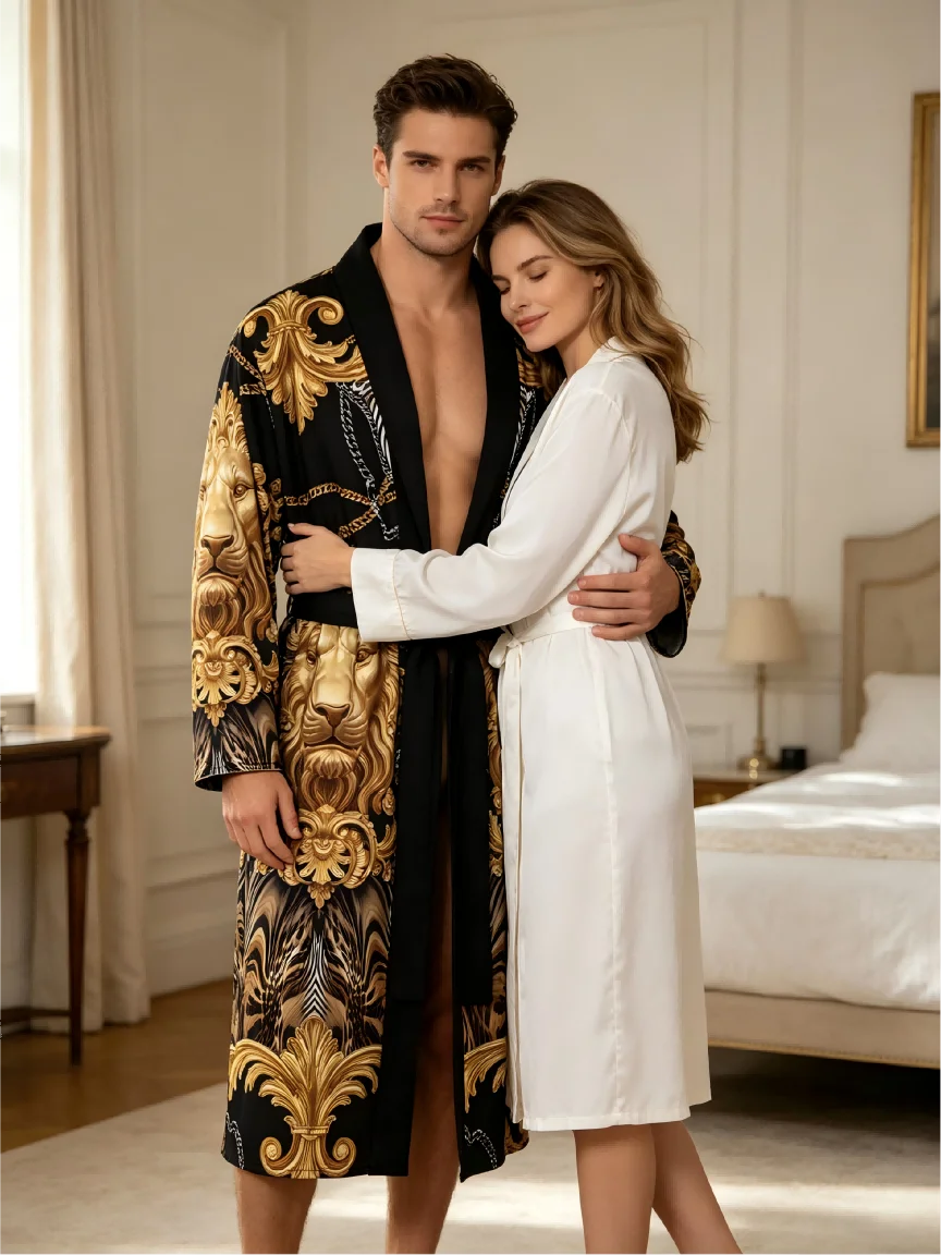 Men's Luxurious Baroque Lion Head Print Kimono Bathrobe Gold Leopard Print Long Sleeve Lounge Clothes Casual Nightgown