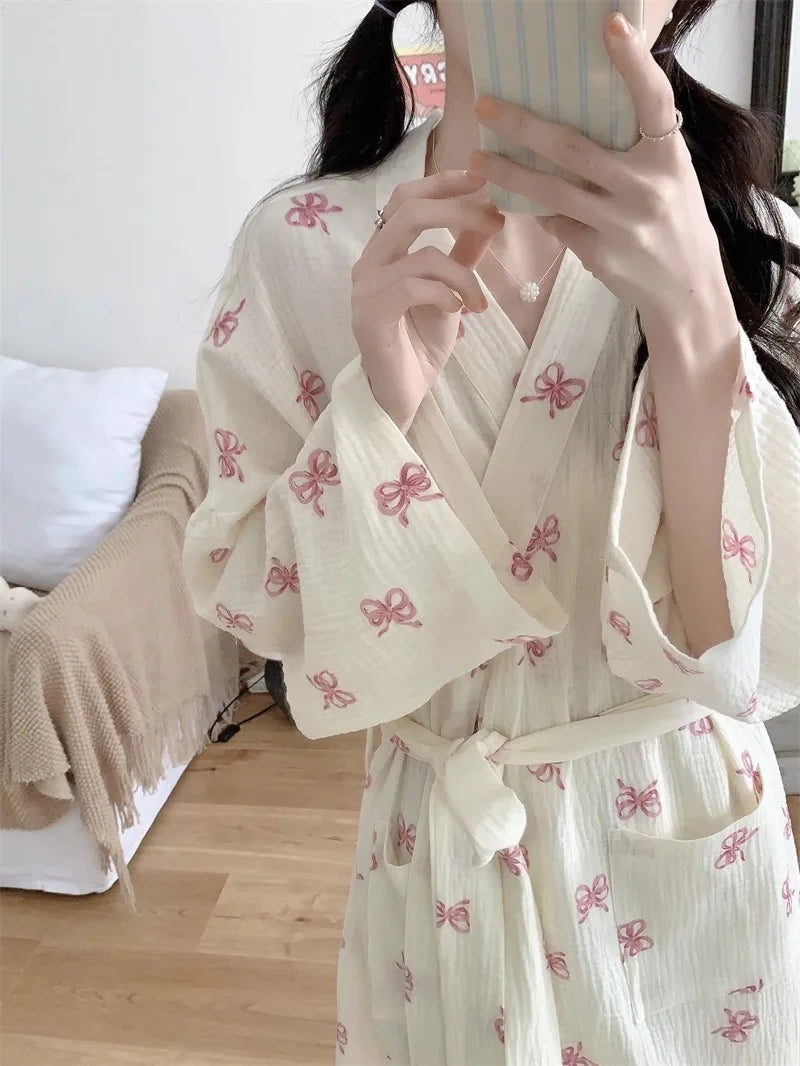 New Spring Autumn Women Simple Comfortable Bathrobe Pajamas Women's Pink Bow Printing Casual Loose Home Dress Bathrobe Homewear