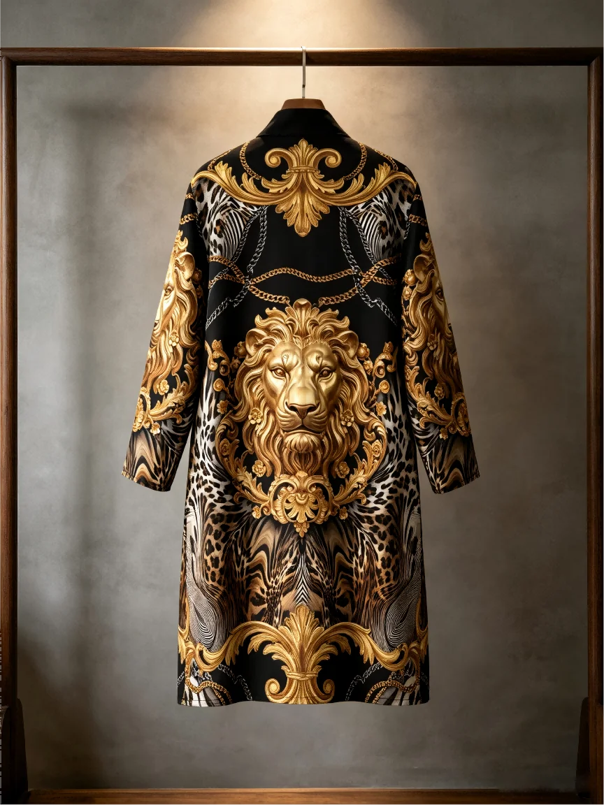 Men's Luxurious Baroque Lion Head Print Kimono Bathrobe Gold Leopard Print Long Sleeve Lounge Clothes Casual Nightgown