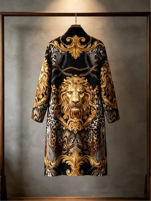 Men's Luxurious Baroque Lion Head Print Kimono Bathrobe Gold Leopard Print Long Sleeve Lounge Clothes Casual Nightgown