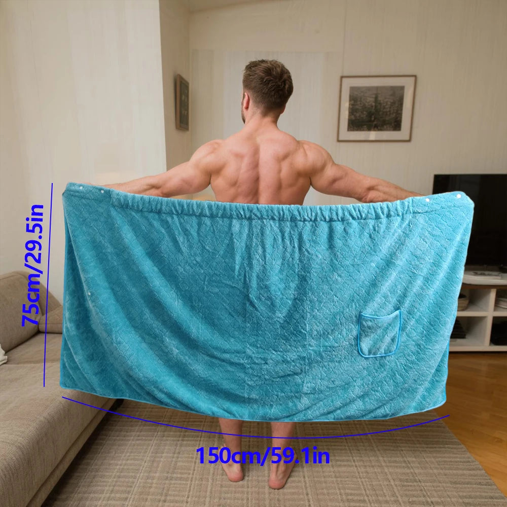 1pc Men's bath towel, large size, coral fleece bathrobe,wearable and wrap home bathrobe, adjustable elastic pocket bath towel