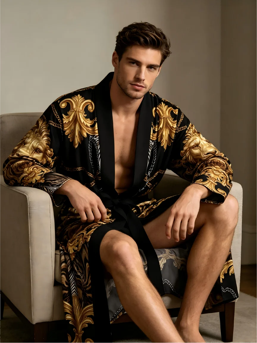 Men's Luxurious Baroque Lion Head Print Kimono Bathrobe Gold Leopard Print Long Sleeve Lounge Clothes Casual Nightgown