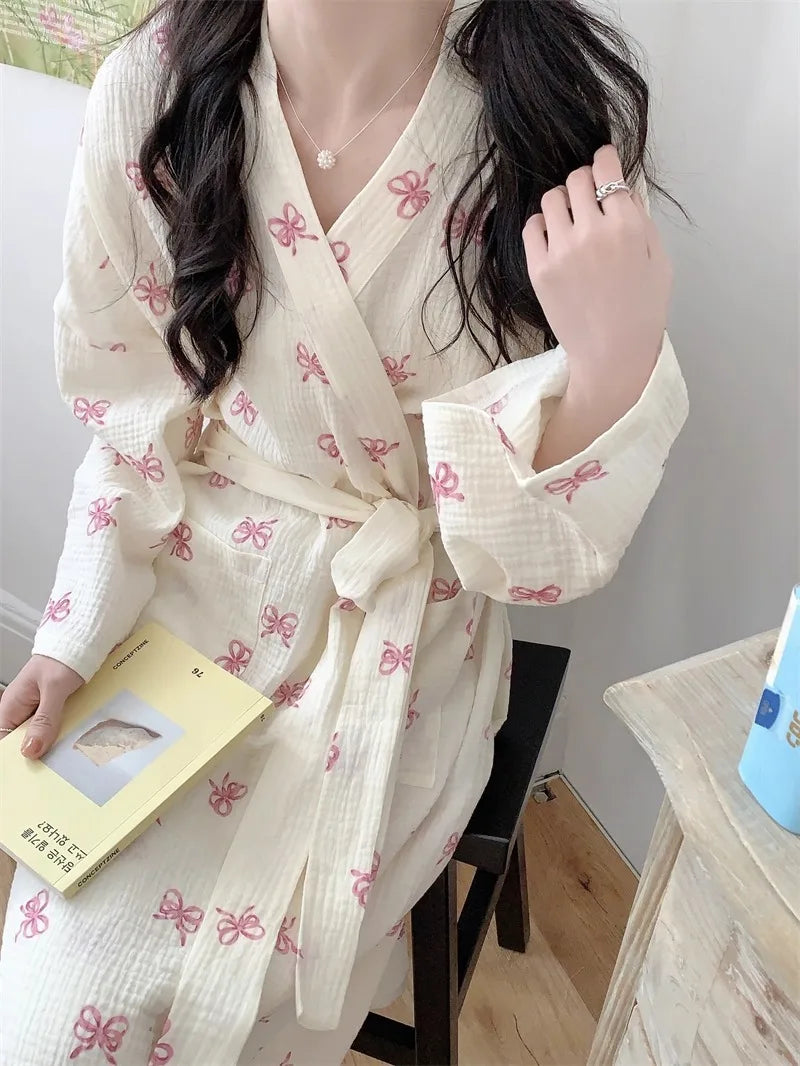 New Spring Autumn Women Simple Comfortable Bathrobe Pajamas Women's Pink Bow Printing Casual Loose Home Dress Bathrobe Homewear