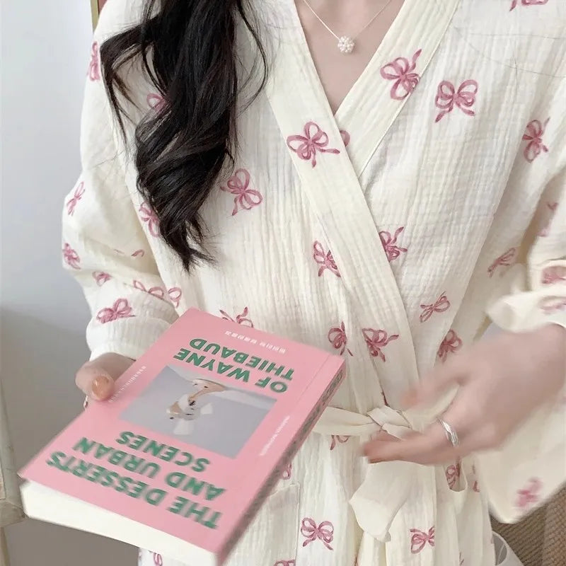 New Spring Autumn Women Simple Comfortable Bathrobe Pajamas Women's Pink Bow Printing Casual Loose Home Dress Bathrobe Homewear