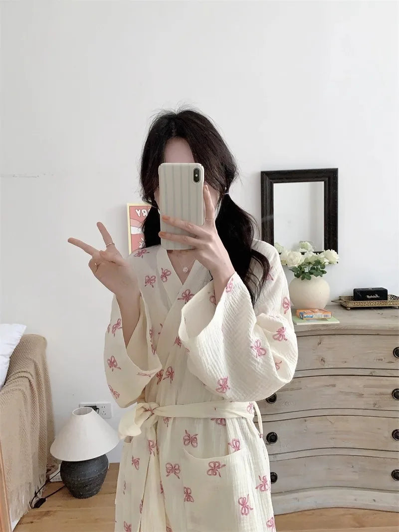 New Spring Autumn Women Simple Comfortable Bathrobe Pajamas Women's Pink Bow Printing Casual Loose Home Dress Bathrobe Homewear