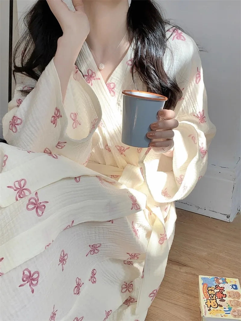 New Spring Autumn Women Simple Comfortable Bathrobe Pajamas Women's Pink Bow Printing Casual Loose Home Dress Bathrobe Homewear