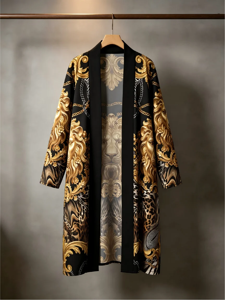 Men's Luxurious Baroque Lion Head Print Kimono Bathrobe Gold Leopard Print Long Sleeve Lounge Clothes Casual Nightgown