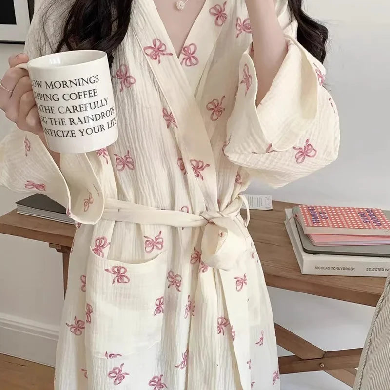 New Spring Autumn Women Simple Comfortable Bathrobe Pajamas Women's Pink Bow Printing Casual Loose Home Dress Bathrobe Homewear