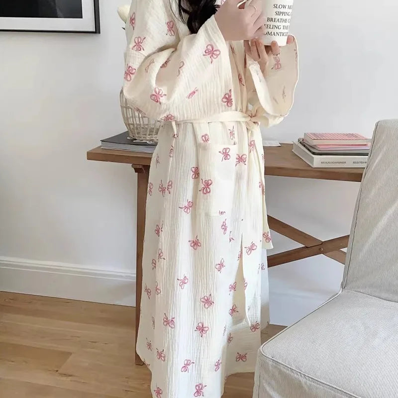 New Spring Autumn Women Simple Comfortable Bathrobe Pajamas Women's Pink Bow Printing Casual Loose Home Dress Bathrobe Homewear
