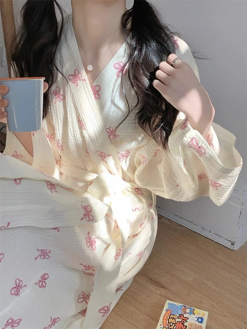 New Spring Autumn Women Simple Comfortable Bathrobe Pajamas Women's Pink Bow Printing Casual Loose Home Dress Bathrobe Homewear