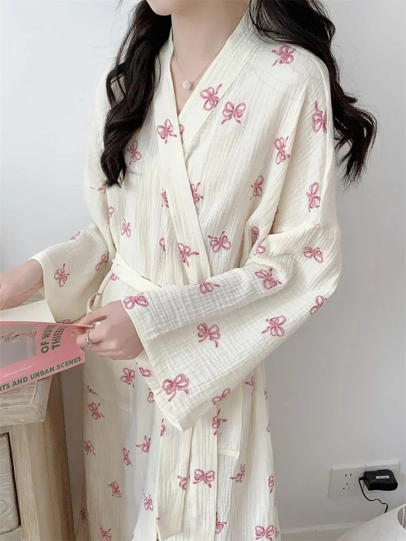New Spring Autumn Women Simple Comfortable Bathrobe Pajamas Women's Pink Bow Printing Casual Loose Home Dress Bathrobe Homewear