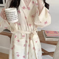 New Spring Autumn Women Simple Comfortable Bathrobe Pajamas Women's Pink Bow Printing Casual Loose Home Dress Bathrobe Homewear
