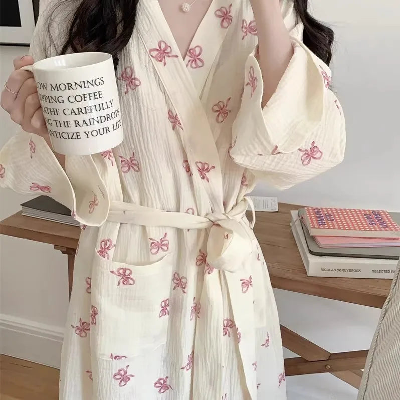 New Spring Autumn Women Simple Comfortable Bathrobe Pajamas Women's Pink Bow Printing Casual Loose Home Dress Bathrobe Homewear