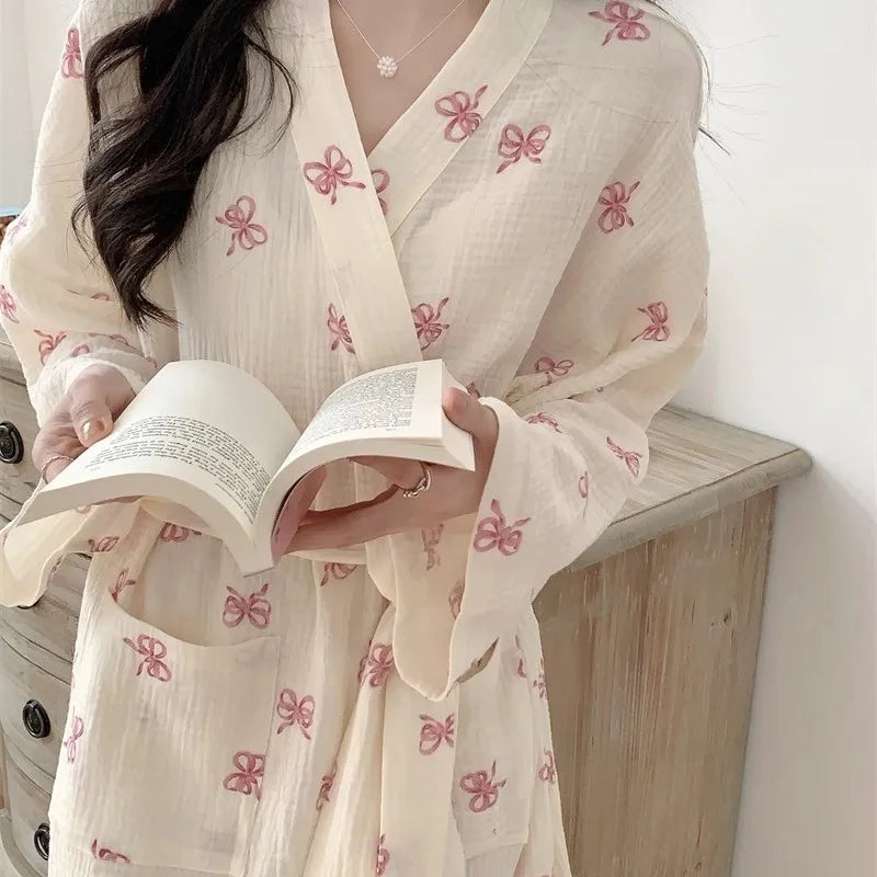 New Spring Autumn Women Simple Comfortable Bathrobe Pajamas Women's Pink Bow Printing Casual Loose Home Dress Bathrobe Homewear