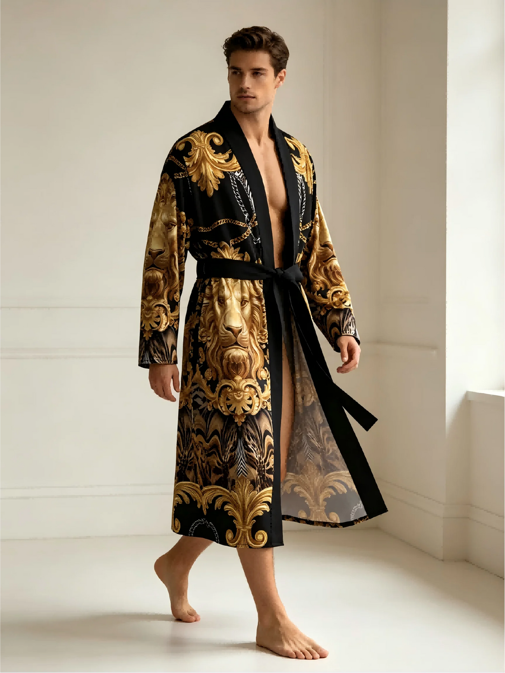Men's Luxurious Baroque Lion Head Print Kimono Bathrobe Gold Leopard Print Long Sleeve Lounge Clothes Casual Nightgown