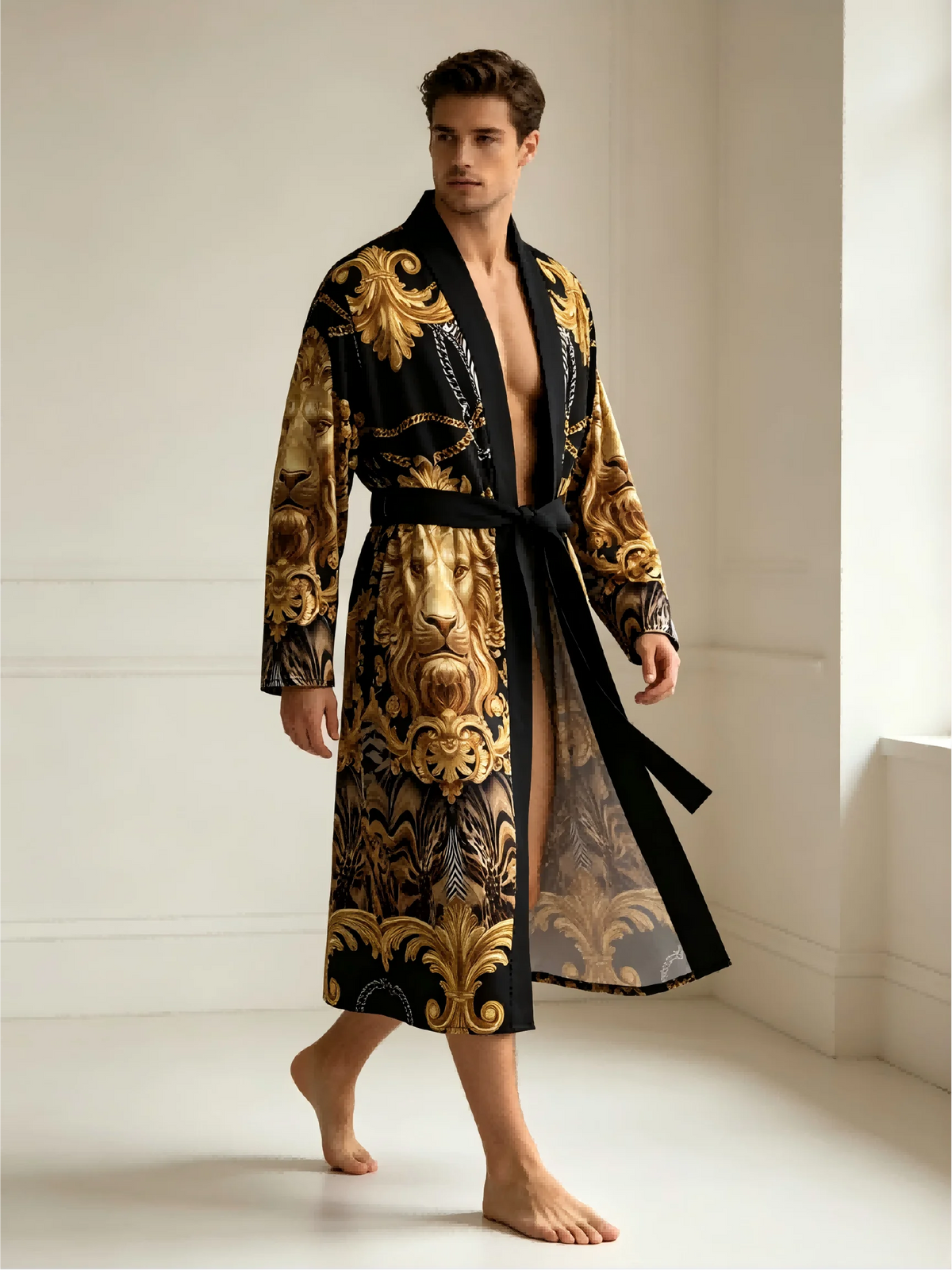 Men's Luxurious Baroque Lion Head Print Kimono Bathrobe Gold Leopard Print Long Sleeve Lounge Clothes Casual Nightgown