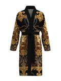 Men's Luxurious Baroque Lion Head Print Kimono Bathrobe Gold Leopard Print Long Sleeve Lounge Clothes Casual Nightgown