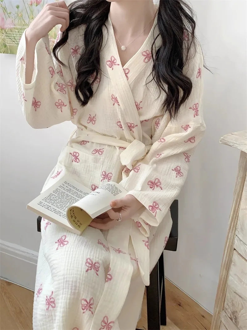 New Spring Autumn Women Simple Comfortable Bathrobe Pajamas Women's Pink Bow Printing Casual Loose Home Dress Bathrobe Homewear